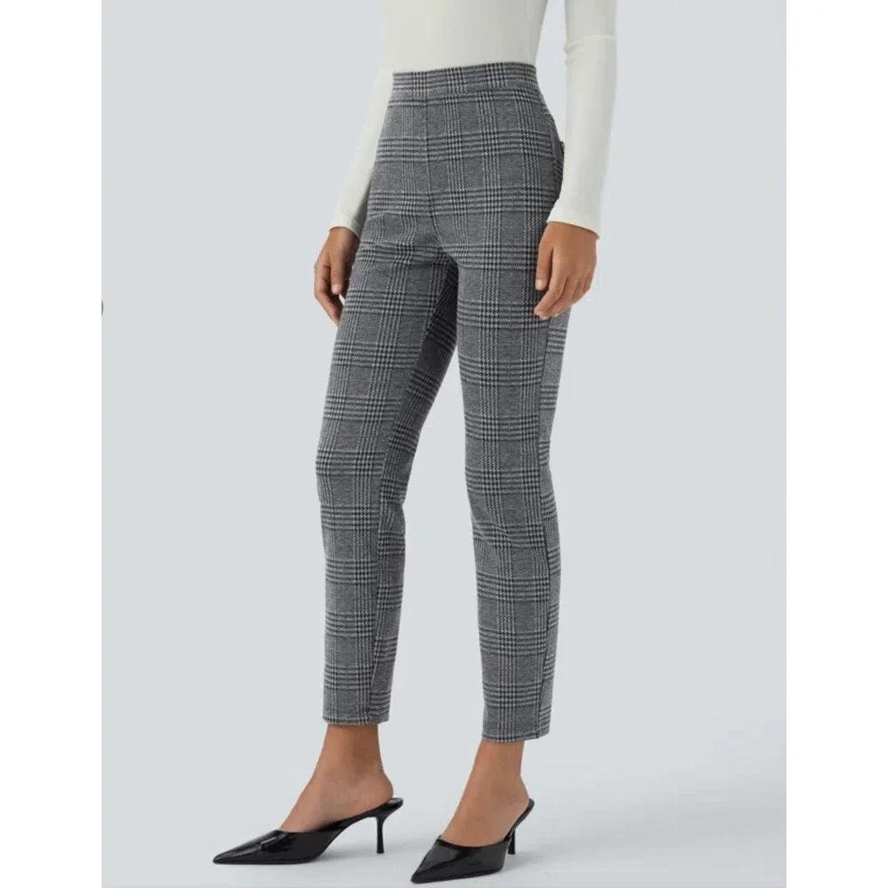 Halara Dress Pants M NEW Work Plex Pull On Grey Skinny Houndstooth Plaid Black